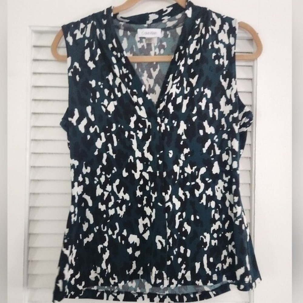 Calvin Klein Green Animal Print Sleeveless Blouse Stretch Small Office Church
